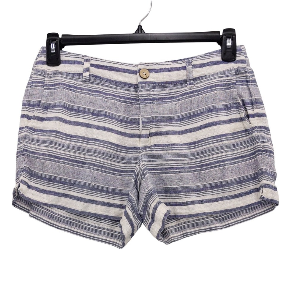 Artisan NY 100% Linen Shorts‎ Women 4 Blue White Striped  Mid Rise Summer Casual